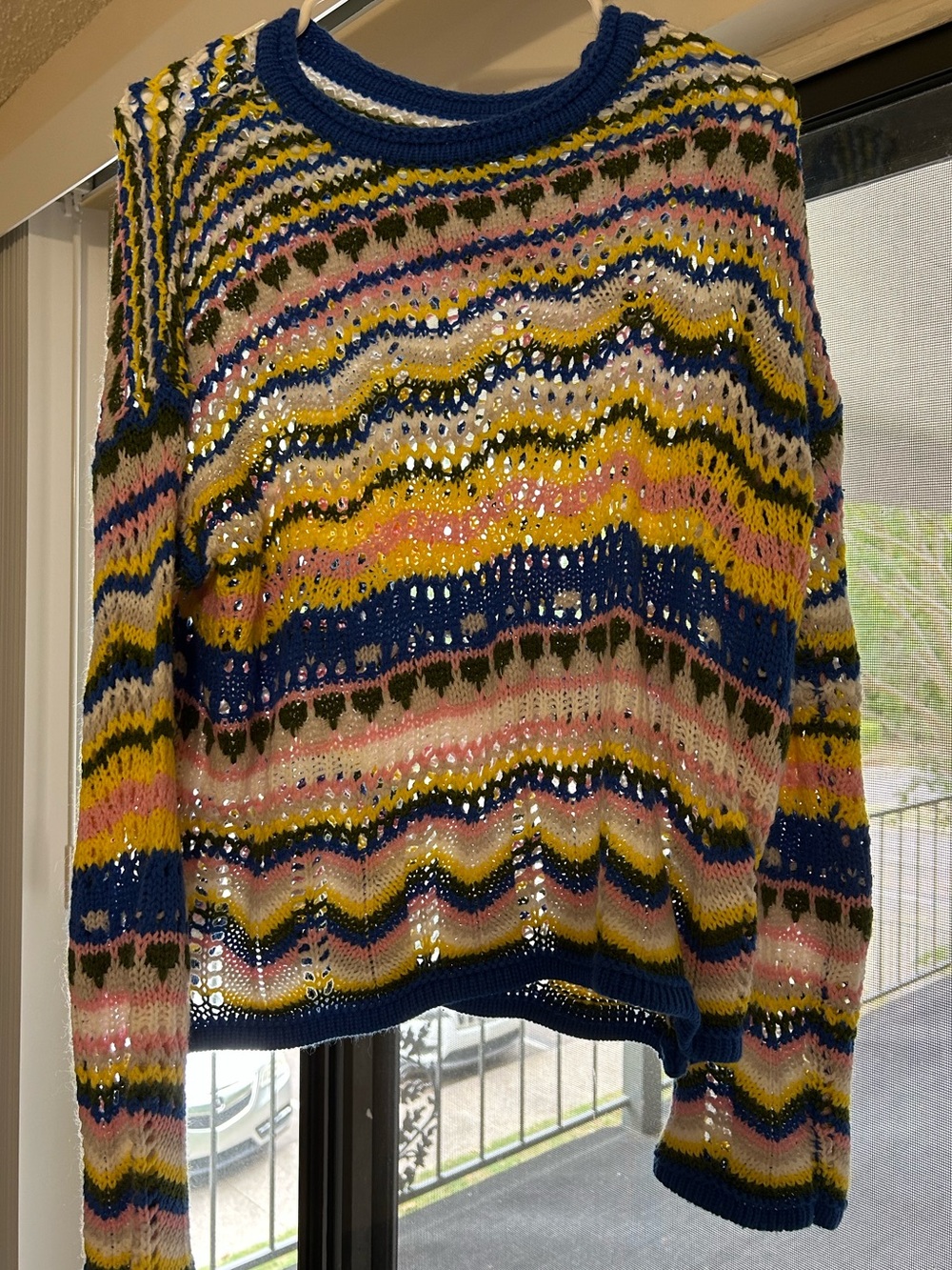 Open-Knit Multicolor Stripe Sweater - Blue, Yellow & Pink
